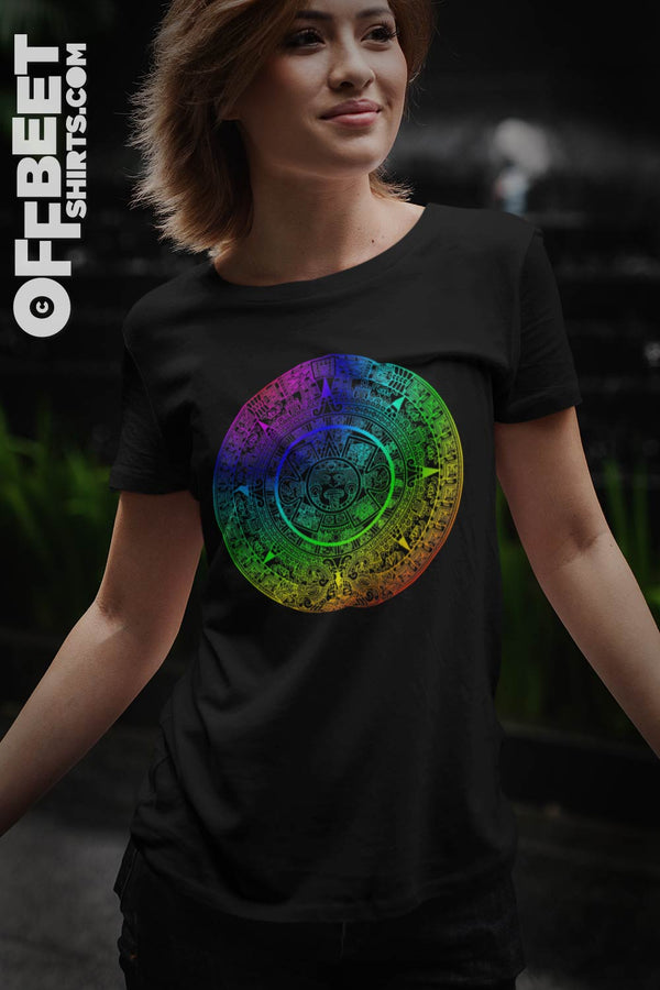 Aztec Rainbow Women’s Graphic T-Shirt Rainbow colours representing the Aztec calendar beautiful and colourful design. Women’s Black t-shirt  I  © 2019 Offbeet Shirts original design