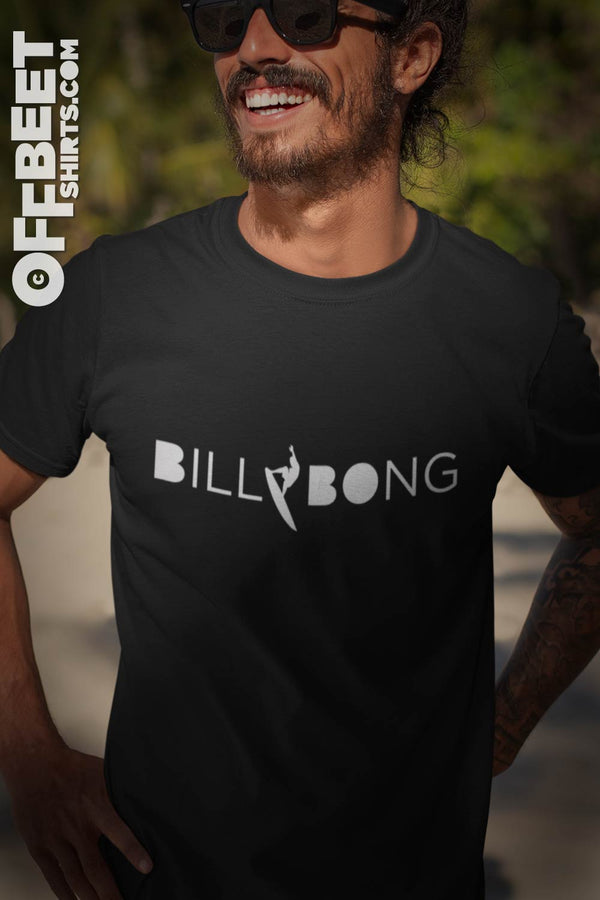 Billy (cutback) Bong Surf Men’s Graphic T-shirt. White type Bill image of surfer words bong. Looks like Billabong but it’s not. Mens black t-shirt  I  © 2019 Offbeet Shirts original design