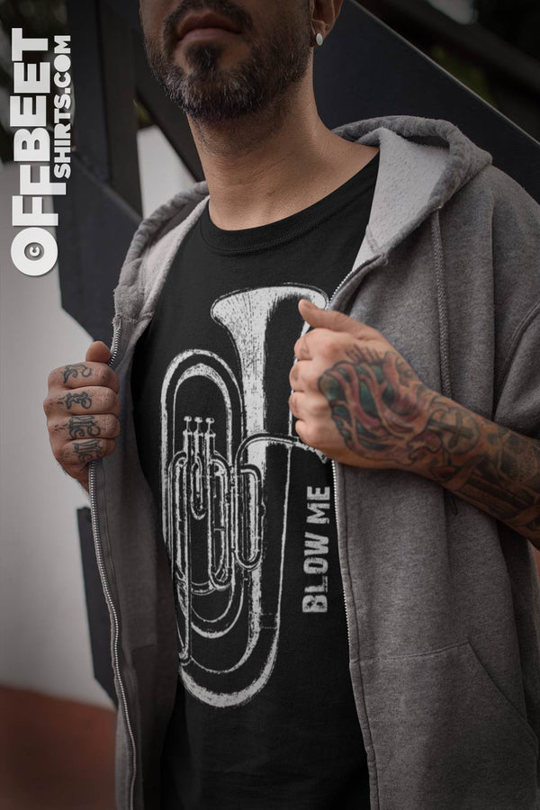 Blow me Men’s Graphic T-shirt. Classic white stylised Image of tuba with the words blow me. Mens black t-shirt.  I  © 2019 Offbeet Shirts original design