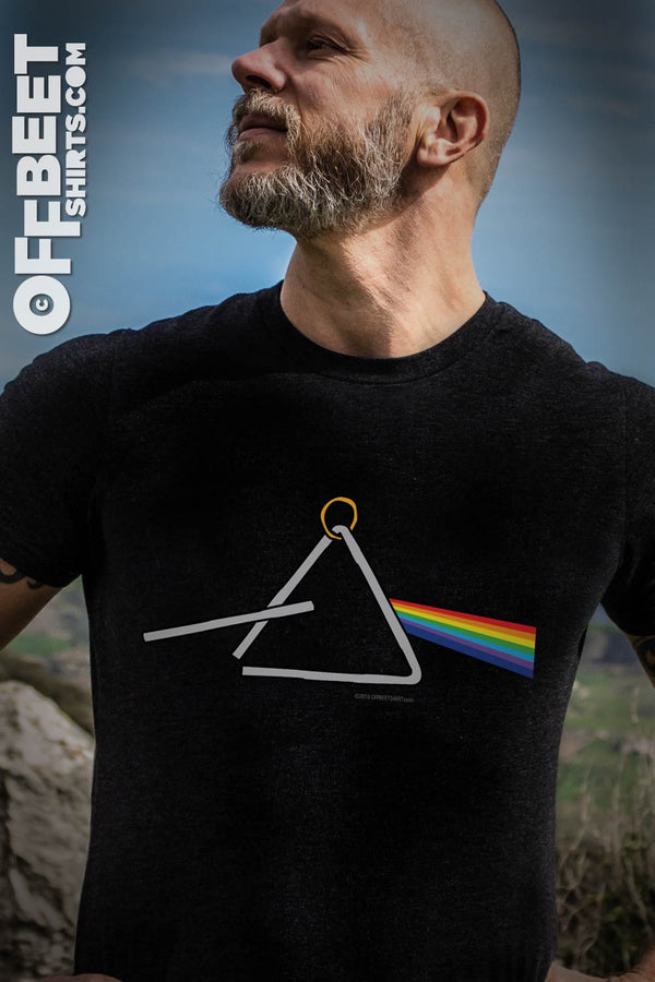 Dark side of the triangle Men’s Graphic T-shirt. The triangle instrument use in place of the pyramid - a bit of fun with the classic Pink Floyd Dark Side of the moon Album cover graphic. Mens black t-shirt  I  © 2019 Offbeet Shirts original design
