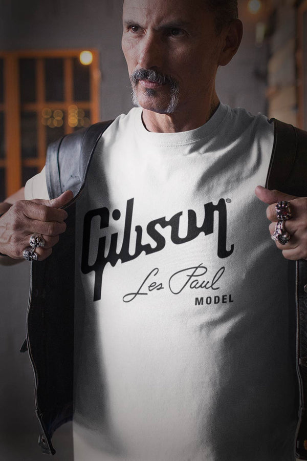 Gibson Les Paul logo graphic T-Shirt. Iconic design. For all the Les Paul fans… enjoy. Mens white Mens black I  Offbeet Shirts