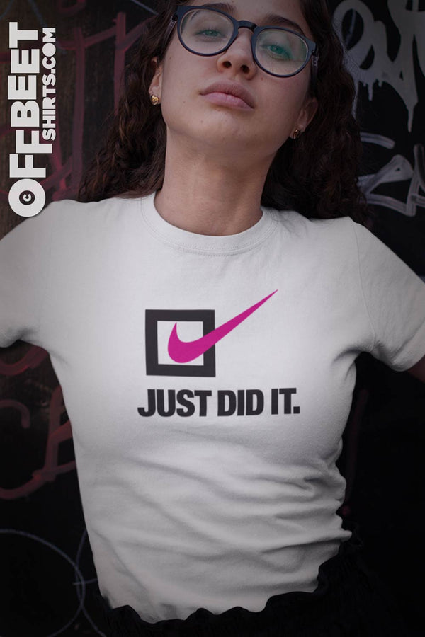 Just did it Women’s Graphic T-shirt, a square with a tick. A play on the popular Just Do It positioning statement of the Nike Brand. Men and womens white t-shirt  I  © 2019 Offbeet Shirts original design