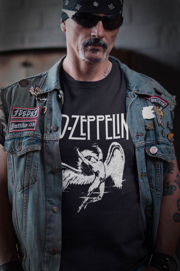 Led Zeppelin No1 graphic T-Shirt. Iconic design featuring the Icarus which has become synonymous with Led Zeppelin brand. Featuring band logo and graphic of Icarus is based on ancient Greek mythology. For all the Zeppelin fans… enjoy Mens black I  Offbeet Shirts