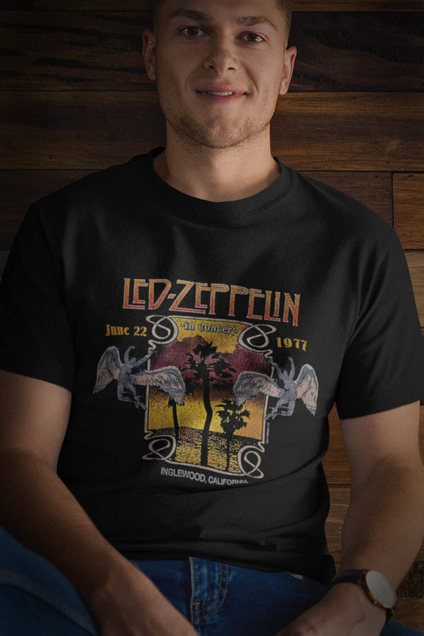 Led Zeppelin in concert 1977 graphic T-Shirt. This is a distressed version of the original concert t-shirt. For all the Zep fans… enjoy Mens black I  Offbeet Shirts