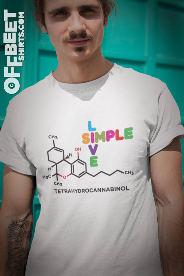 Men’s Graphic T-shirt Cannabis, Marijuana Chemical structure graphic T-Shirt. text: Live simple Tetrahydrocannabinol. Mens white t-shirt  I  © 2019 Offbeet Shirts original design