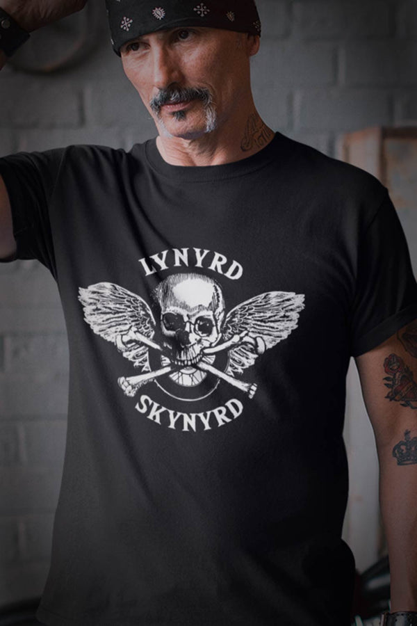 Lynyrd Skynyrd graphic T-Shirt. Skull and cross bones motor bike wheel and angel wings. For all the Lynyrd Skynyrd fans… enjoy Mens black I  Offbeet Shirts