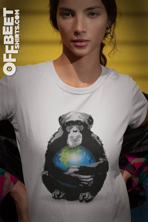 Protective Primate. Chimpanzee / Monkey holding earth close to chest. Men’s White Graphic t-shirt  I  © 2019 Offbeet Shirts original design
