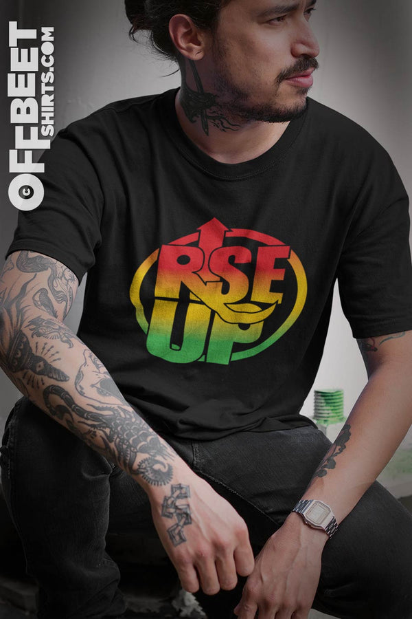 Rise Up Men’s Graphic T-shirt- Rastafarian colours. Rise up against “the man”.Mens black t-shirt  I  © 2019 Offbeet Shirts original design