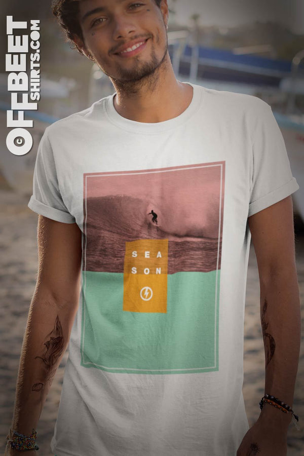 Sea Son Surf Classic Mens  Graphic T-Shirt - white. © 2019 Offbeet Shirts original design.