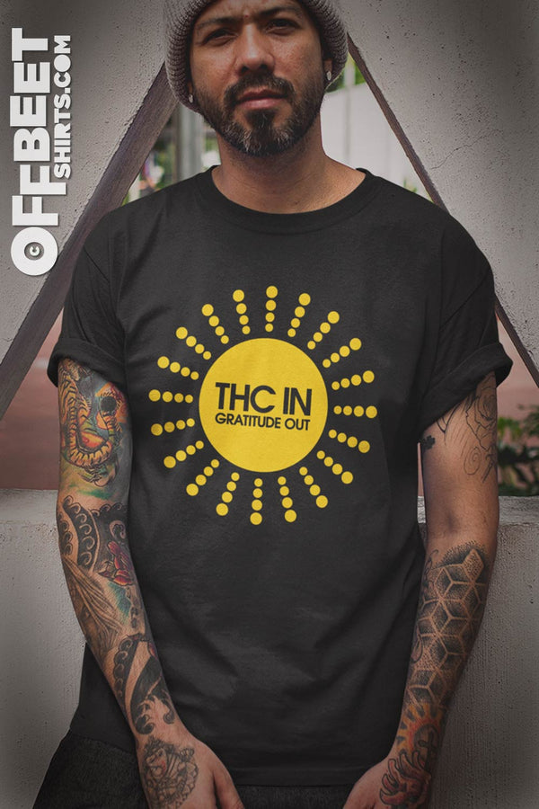 THC in gratitude out Men’s graphic T-Shirt- Stylish day or evening and a bit of fun. THC is the active “high” compound in cannabis. We thank the gods.. Stylised Sun graphic Men and Womens Black t-shirt  I  © 2019 Offbeet Shirts original design