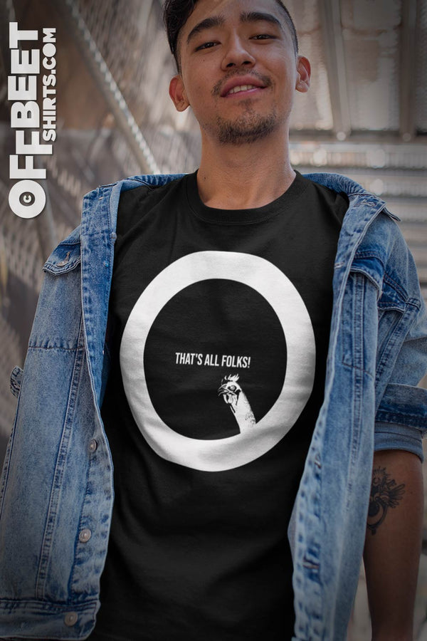 That’s all folks Men’s Graphic T-shirt. Stylised version of WB That’s all folks with mad rooster. Large white circle with rooster head popping in from bottom. Men’s black t-shirt  I  © 2019 Offbeet Shirts original design