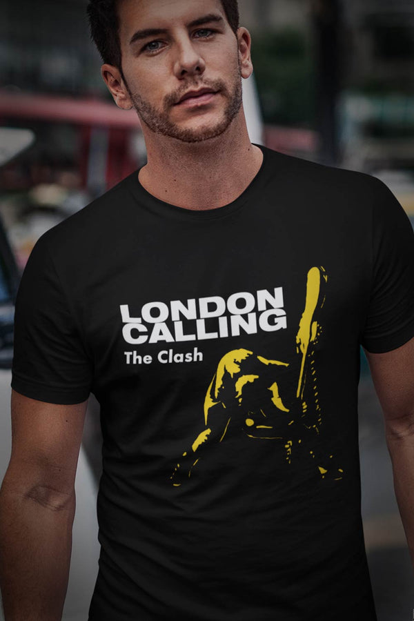 The Clash London calling. For all the Clash fans… enjoy. Yellow graphic of guitar being smashed. Mens black I  Offbeet Shirts