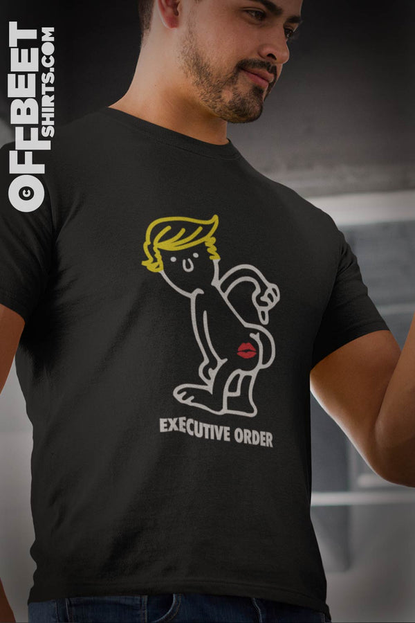 Executive Order Men’s Graphic T-Shirt, Caricature of Donald trump point to his dare ass which has a kiss graphic mark on it. Men’s Black t-shirt  I  © 2019 Offbeet Shirts original design
