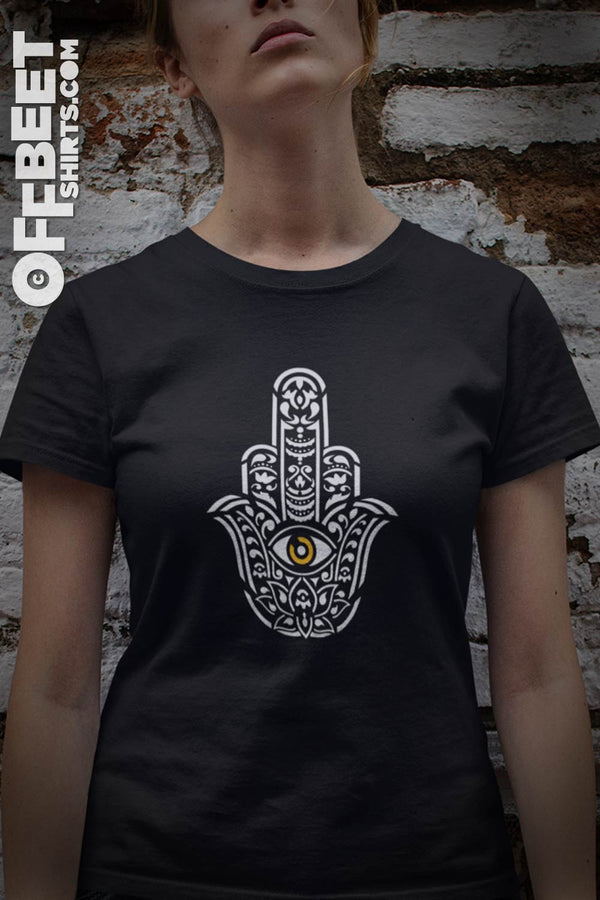 Hamsa Flip Women’s Graphic T-shirt. Simple stylish give shit the bird. The hamsa is an ancient Middle Eastern symbol that holds a variety of meanings across cultures. Womens black t-shirt  I  © 2019 Offbeet Shirts original design