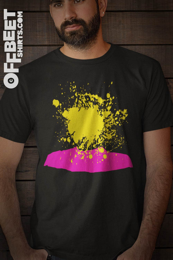 Head Goes Boom Men’s Graphic T-Shirt Exploding yellow spat representing a head and pink blob in the shape of shoulders. Men’s Black t-shirt  I  © 2019 Offbeet Shirts original design