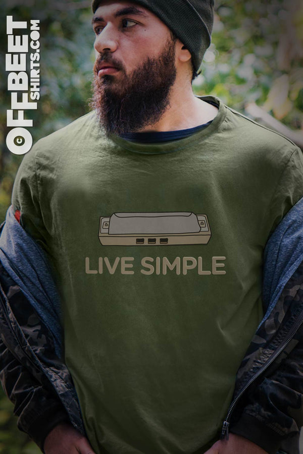 Live Simple 3 hole harmonica Men’s Graphic T-shirt - olive © Offbeet Shirts