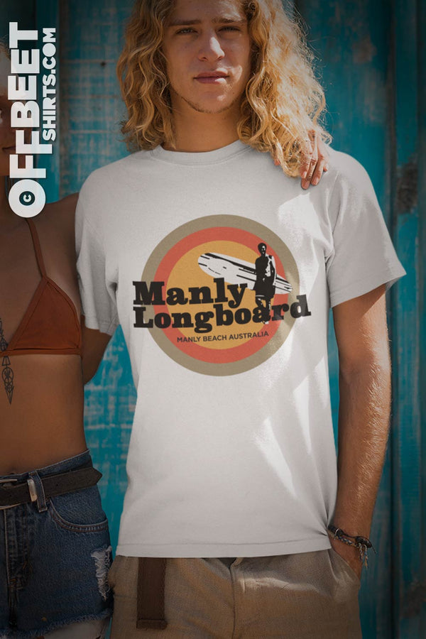 Manly Longboard retro surf Men’s Graphic T-shirt. World famous Manly Beach Australia. Orange tone graphic of old school Longboard. Mens white t-shirt  I  © 2019 Offbeet Shirts original design