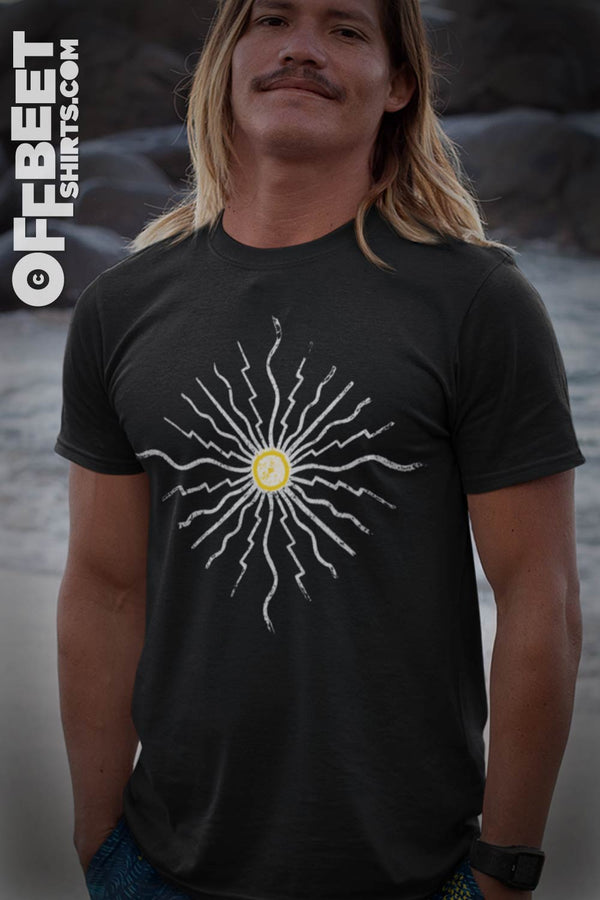 Primitive Sun Mens Graphic Tee. Simplistic design of primal man interpretation of the sun, elegant super cool design