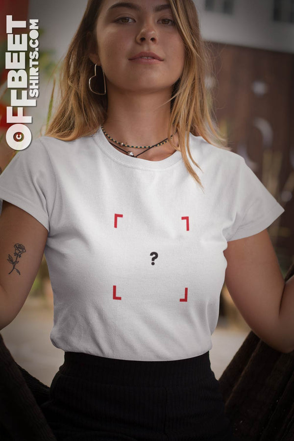 Question mark Women’s Graphic T-shirt - Stylish day or evening and a bit of fun. Black question mark with red corner fames space and simple. Womens white t-shirt  I  © 2019 Offbeet Shirts original design