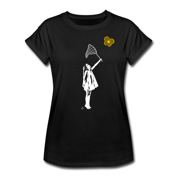 Sweet Little predator Graphic of child with butterfly net reaching to catch a stylised butterfly White and yellow graphic on black women’s relaxed fit t-shirt ©Offbeet Shirts.  I  Offbeet Shirts