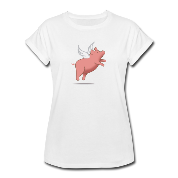 Flying Pink Piggy (Pigs on the Wing) graphic T-Shirt  White t-shirt with cute illustration of little pink pig with angel wings hovering above a shadow. I  Offbeet Shirts