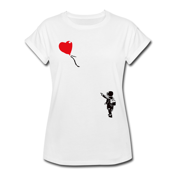 Not again, a light hearted Banksy inspired composition - so cute. Red balloon shaped heart flying away from small child reaching out to to lost balloon. Black and red graphic on white t-shirt. ©Offbeet Shirts.