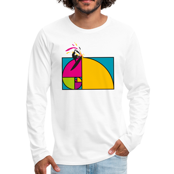 A play on Fibonacci’s Golden Spiral in harmony with everything and a surfer doing a cut back. t-shirt ©Offbeet Shirts. White Men t-shirt. ©Offbeet Shirts.