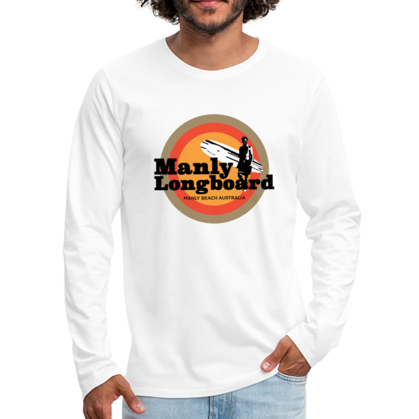 Manly Longboard retro surf graphic T-Shirt. World famous Manly Beach Australia. Orange tone graphic of old school Longboard. Mens white t-shirt  I  © 2019 Offbeet Shirts original design