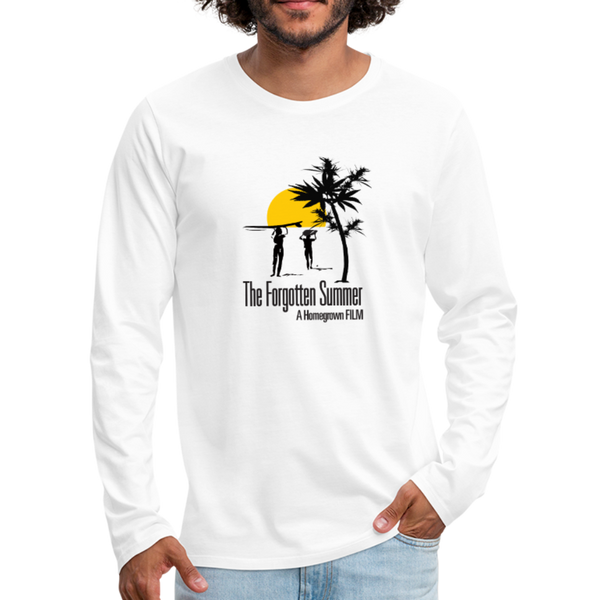 The Forgotten Summer Long Sleeve Graphic Shirt - white. 2 surfers with longboard and sun with large cannabis plant. text: The forgotten summer, a home grown film. White Mens t-shirt  I  Offbeet Shirts