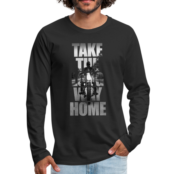 Take the long way home Long Sleeve Graphic T-Shirt - black. White graphic with large white text with motorcycle on a country road within the text. Mens  I  © 2019 Offbeet Shirts original design