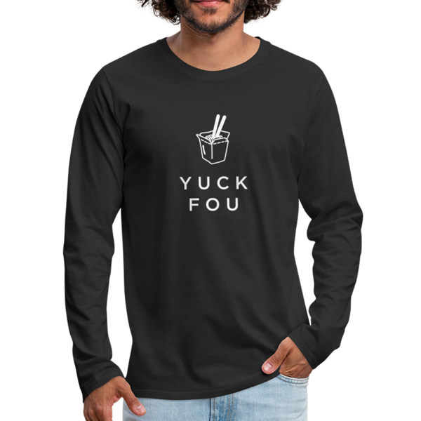 Yuck Fou Long Sleeve Graphic T-Shirt - black. White graphic of the words YUCK FOU with a Chinese take-away box with chopsticks. Womens and Mens black t-shirt  I  © 2019 Offbeet Shirts original design