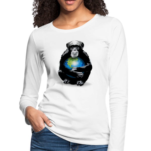 Protective Primate Women’s Graphic long Sleeve T-shirt - Chimpanzee / Monkey holding earth close to chest. Women’s White Graphic t-shirt  I  © 2019 Offbeet Shirts original design