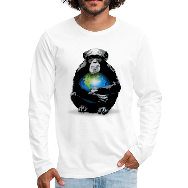 Protective Primate. Chimpanzee / Monkey holding earth close to chest. Men’s White Graphic t-shirt  I  © 2019 Offbeet Shirts original design.
