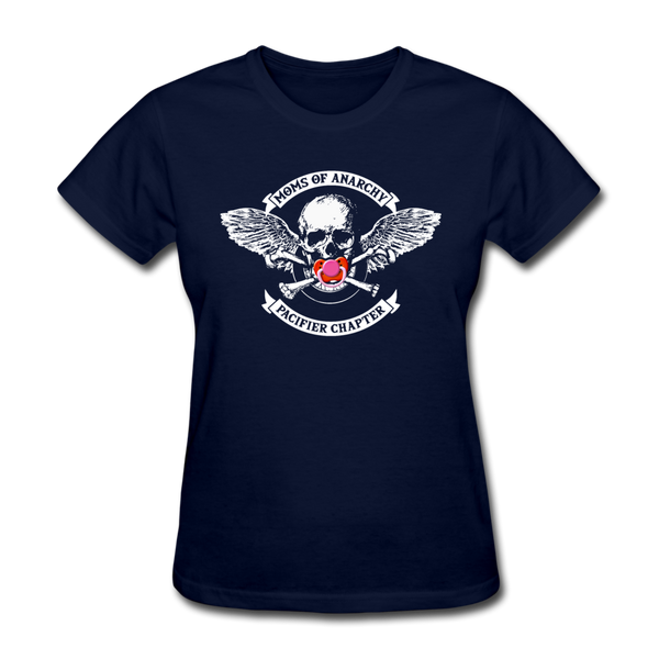 MOMS OF ANARCHY, PACIFIER CHAPTER FUNNY WOMEN'S GRAPHIC T-SHIRT - navy
