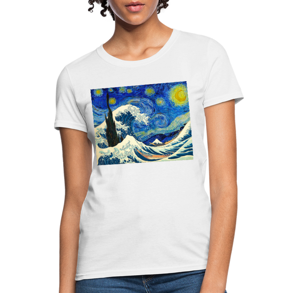 The Great Wave under a Starry Night Woman's Graphic T-shirt - white