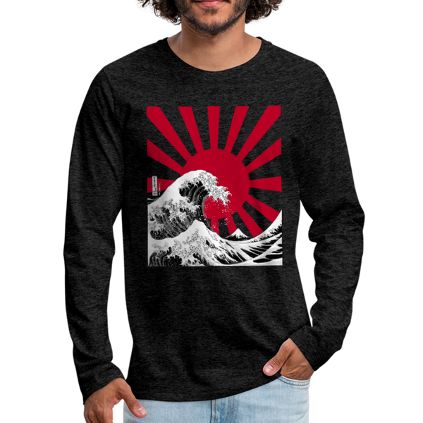 The Great Wave Under a Rising Sun Long Sleeve Graphic Tee - charcoal gray