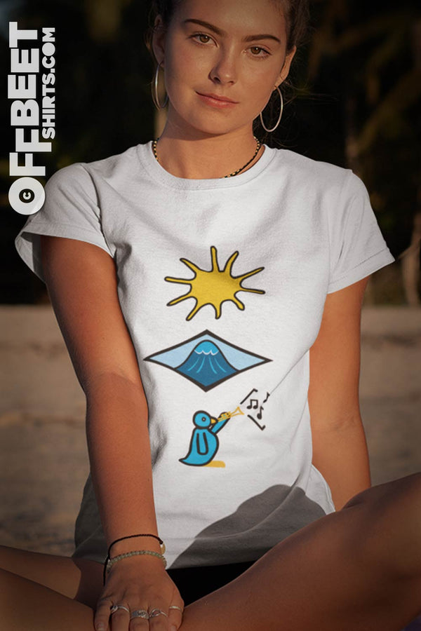 Sun, Surf, Music Men and women’s graphic T-Shirt. Classic styled sun, surf and music (penguin playing trumpet) icons, playful, whimsical design. White T-Shirt. ©Offbeet Shirts.