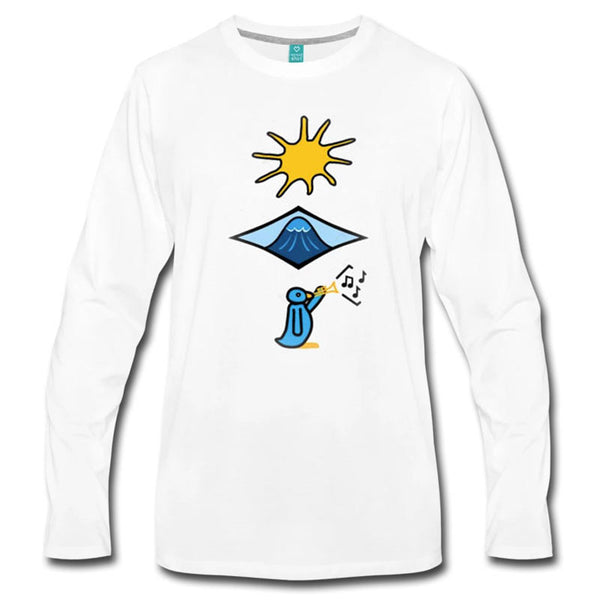 Sun, Surf, Music Long Sleeve Graphic T-Shirt graphic of stylized sun wave and penguin playing trumpet on white long sleeve shirt ©Offbeet Shirts.