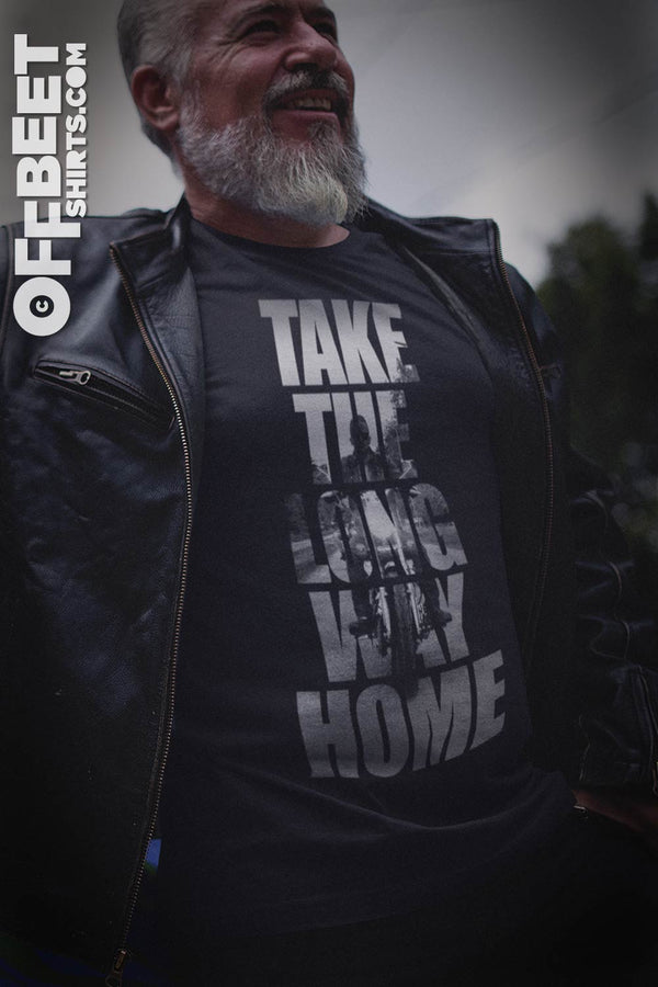Take the long way home Men’s Graphic T-shirt. White graphic with large white text with motorcycle on a country road within the text. Mens black t-shirt  I  © 2019 Offbeet Shirts original design