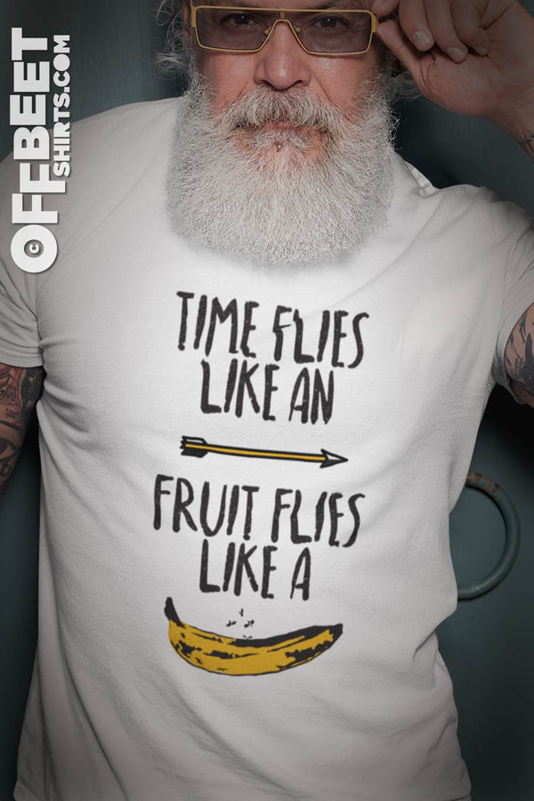 Groucho Marx quoteTime flies like an arrow, Fruit flies like a banana. Men’s Graphic T-shirt. Mens white t-shirt  I  © 2019 Offbeet Shirts original design