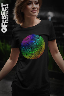 Aztec Rainbow Women’s Graphic T-Shirt Rainbow colours representing the Aztec calendar beautiful and colourful design. Women’s Black t-shirt  I  © 2019 Offbeet Shirts original design