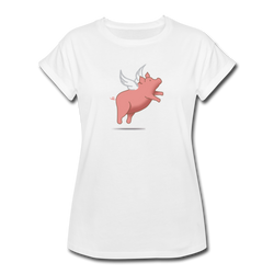 Flying Pink Piggy (Pigs on the Wing) graphic T-Shirt  White t-shirt with cute illustration of little pink pig with angel wings hovering above a shadow. I  Offbeet Shirts