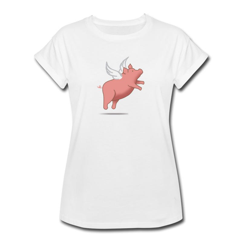 Flying Pink Piggy (Pigs on the Wing) graphic T-Shirt  White t-shirt with cute illustration of little pink pig with angel wings hovering above a shadow. I  Offbeet Shirts