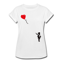 Not again, a light hearted Banksy inspired composition - so cute. Red balloon shaped heart flying away from small child reaching out to to lost balloon. Black and red graphic on white t-shirt. ©Offbeet Shirts.