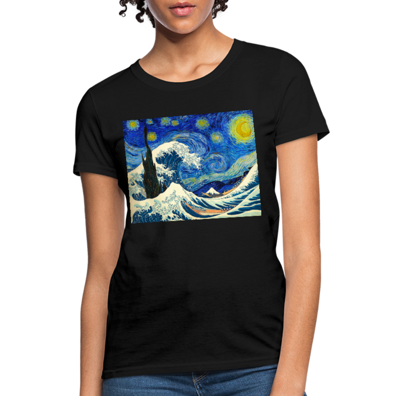 The Great Wave under a Starry Night Woman's Graphic T-shirt - black