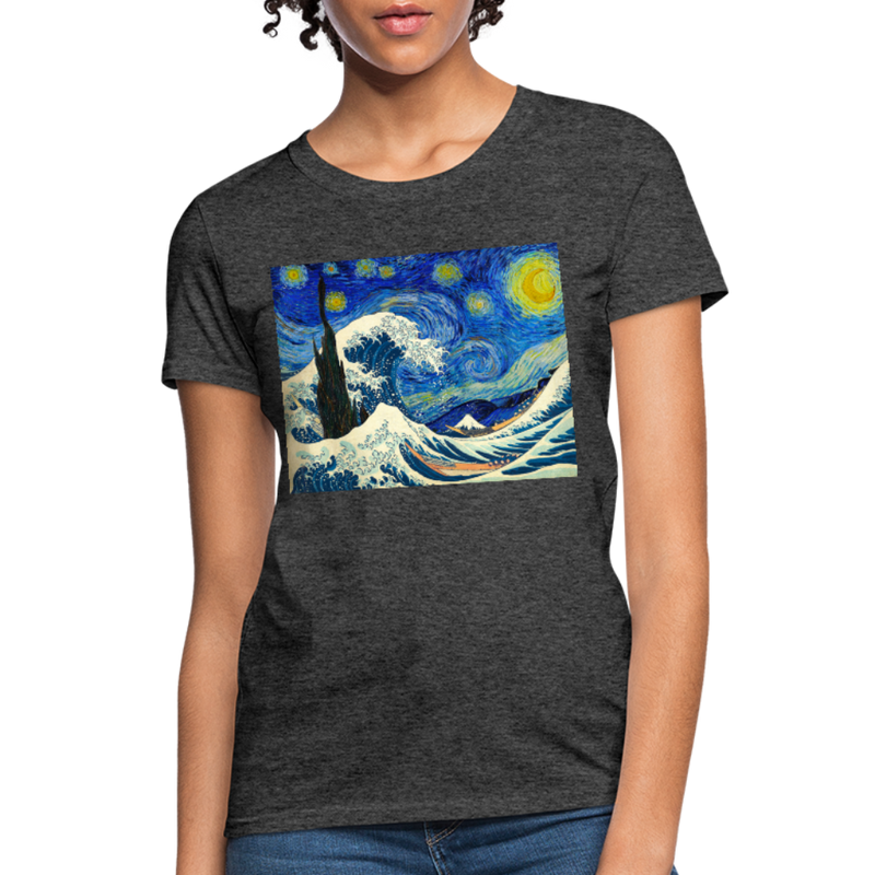 The Great Wave under a Starry Night Woman's Graphic T-shirt - heather black