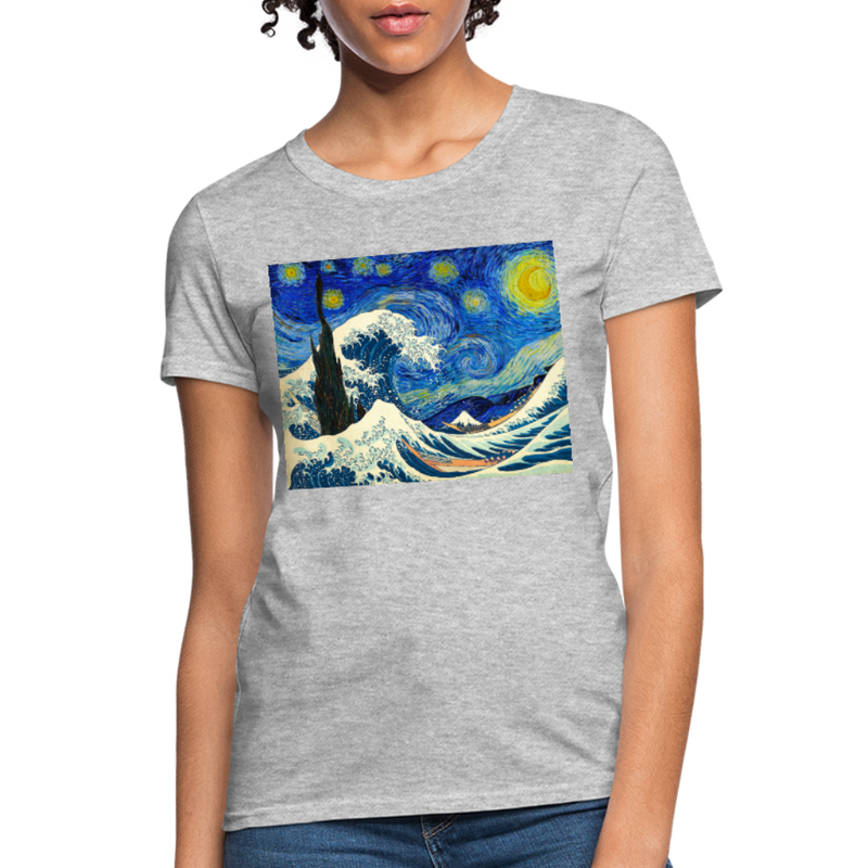 The Great Wave under a Starry Night Woman's Graphic T-shirt - heather gray