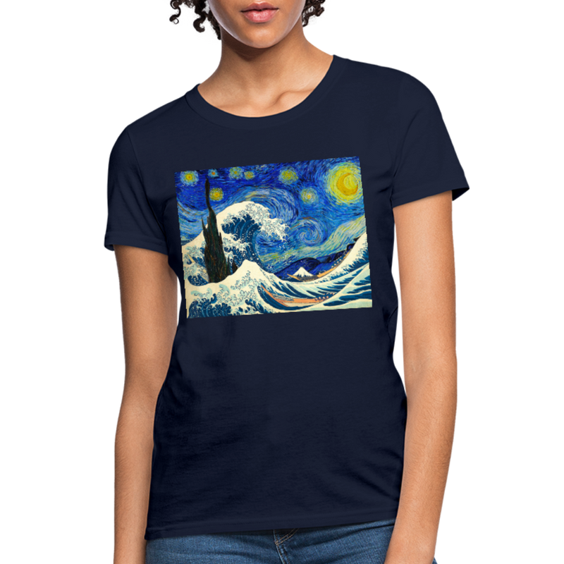 The Great Wave under a Starry Night Woman's Graphic T-shirt - navy