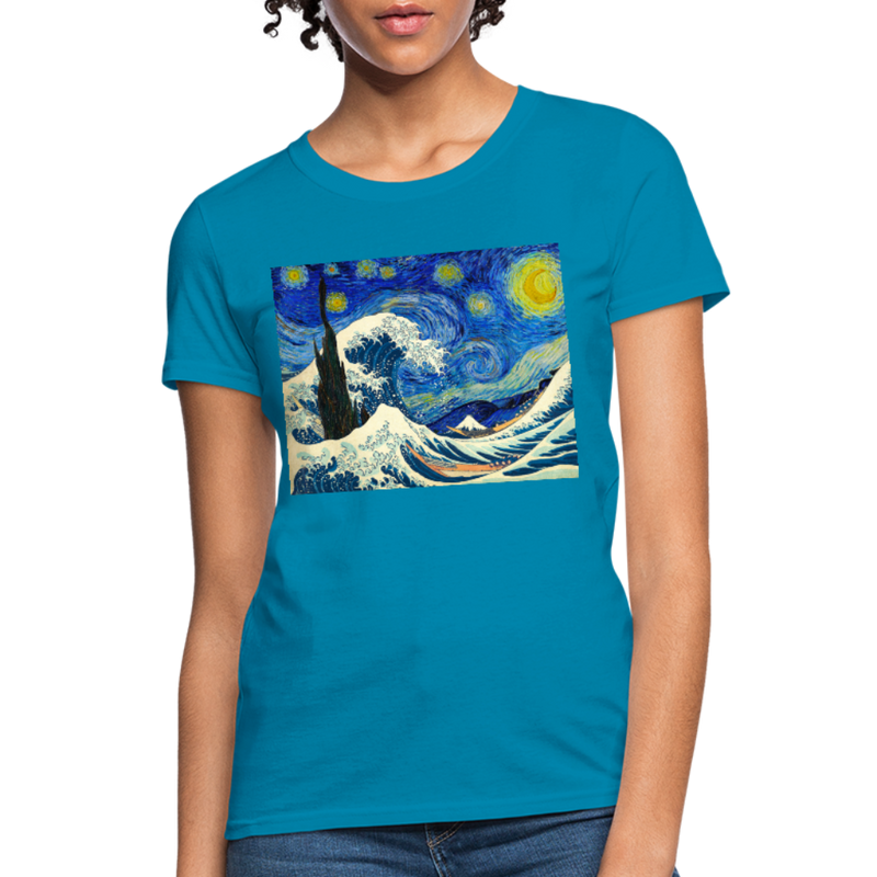 The Great Wave under a Starry Night Woman's Graphic T-shirt - turquoise