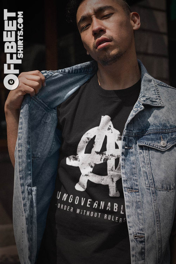 Ungovernable. Order without rulers Men’s Graphic T-shirt. Grunge large anarchy symbol / icon with text: Ungovernable Order without rulers. Black Mens t-shirt  I  Offbeet Shirts